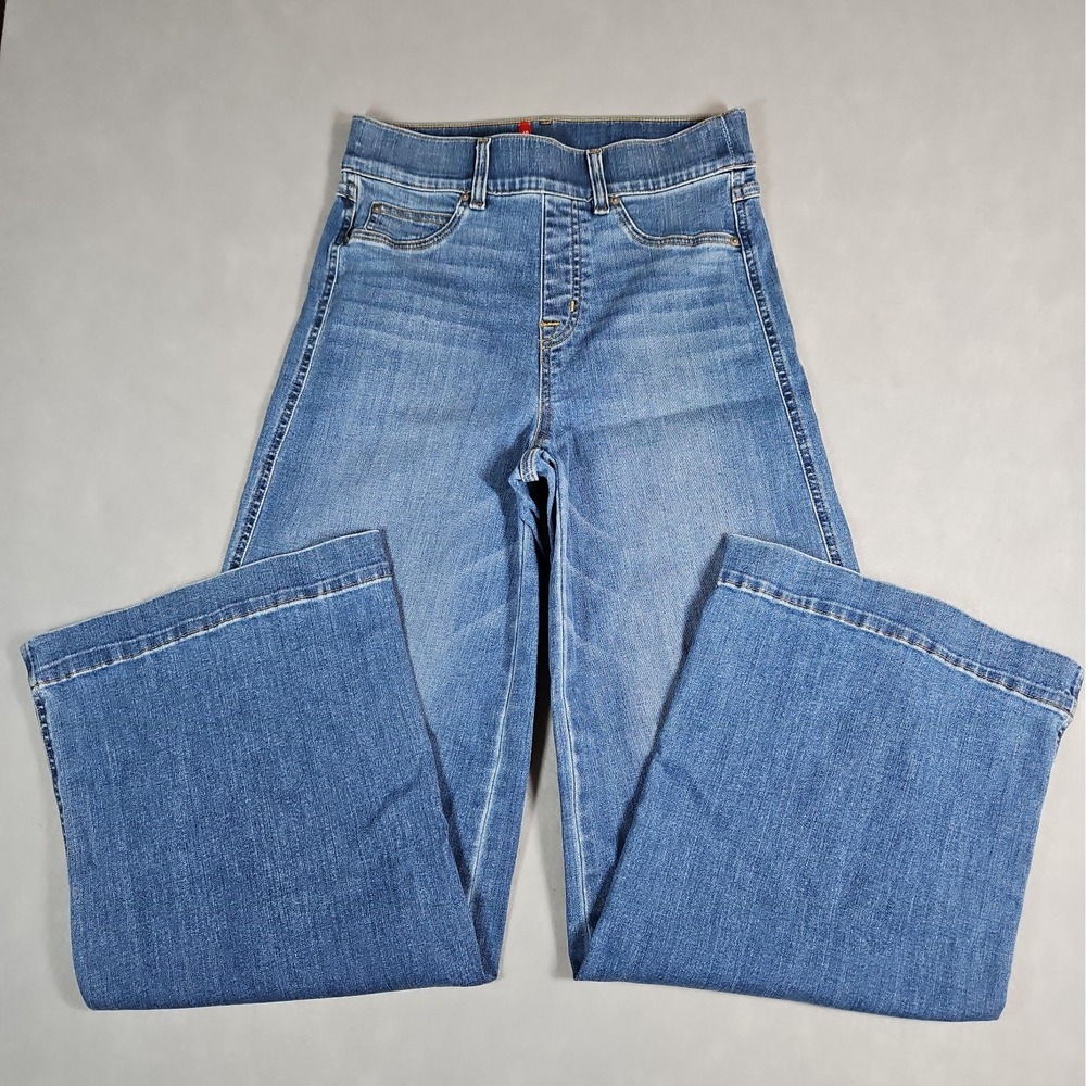 Spanx Womens High Rise Seamed Front Wide Leg Pull On Blue Jeans Small Petite